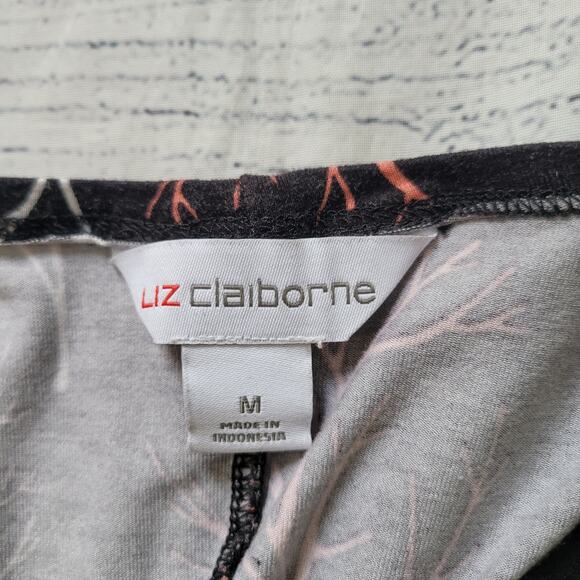 Liz Claiborne Size M Black Dress Branch Print Cap Sleeve Faux Wrap Waist - Picture 8 of 9